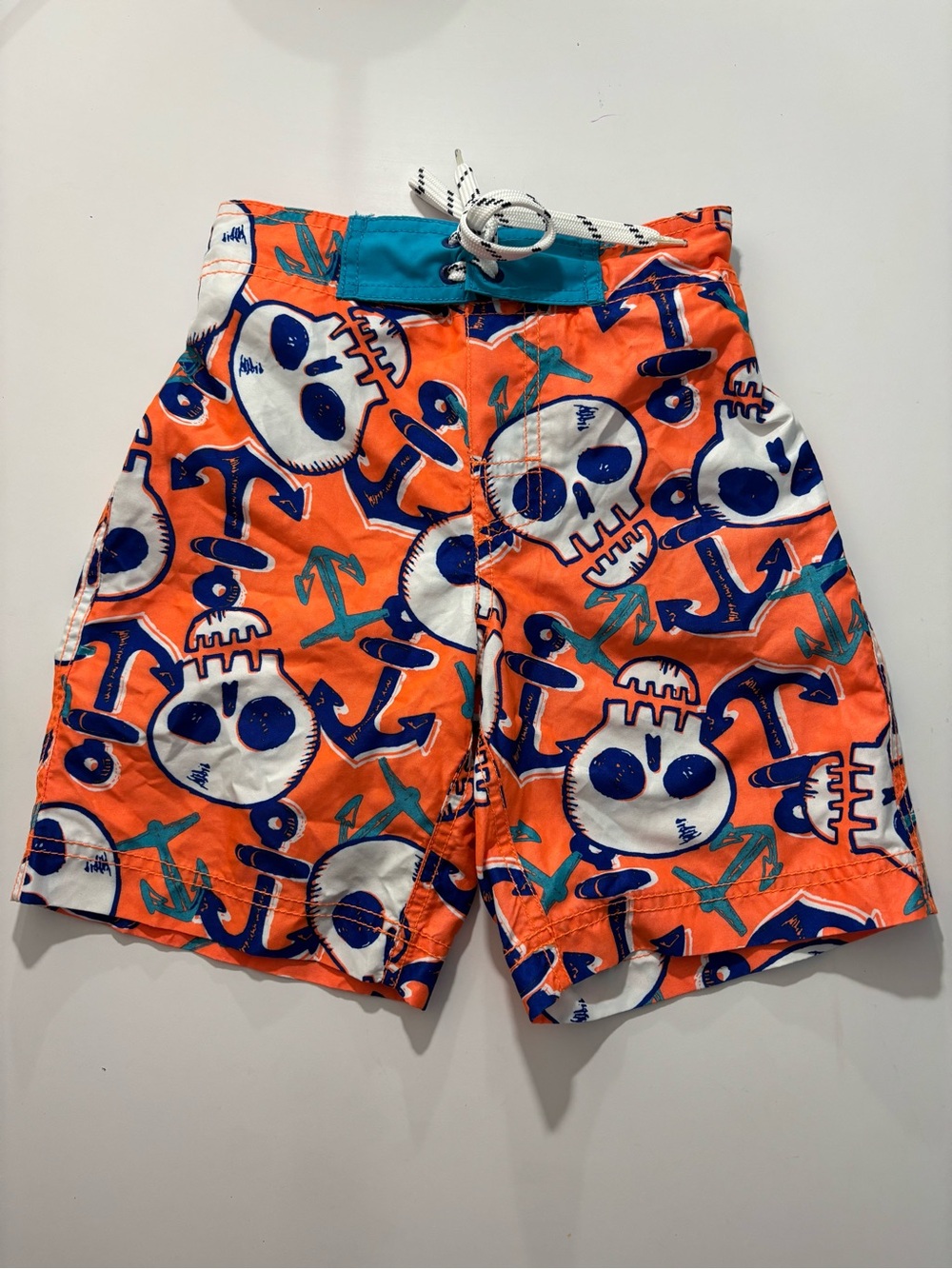 Boys Skull & Anchor Orange & Blue Swim Trunks Small Lined Beach Summer Swimwear